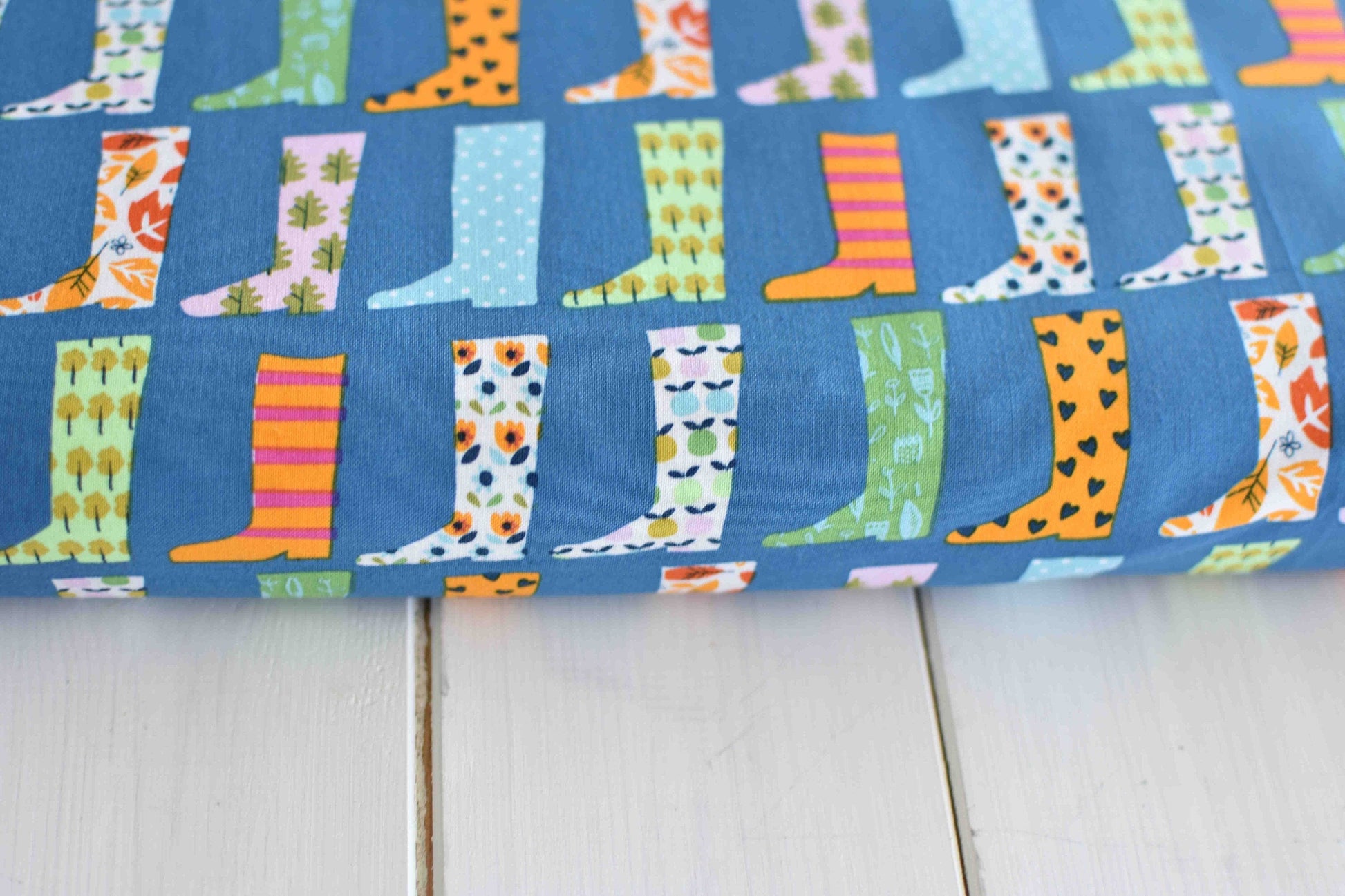 Fabric Wellington boots on blue cotton fabric - 'Walk in the Woods' Dashwood Studio