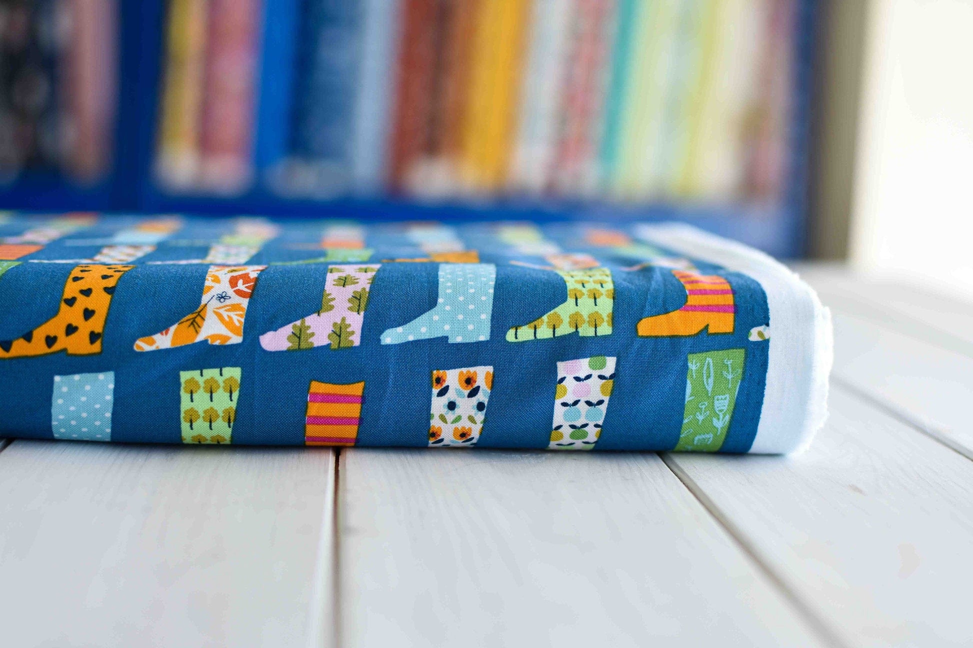 Fabric Wellington boots on blue cotton fabric - 'Walk in the Woods' Dashwood Studio