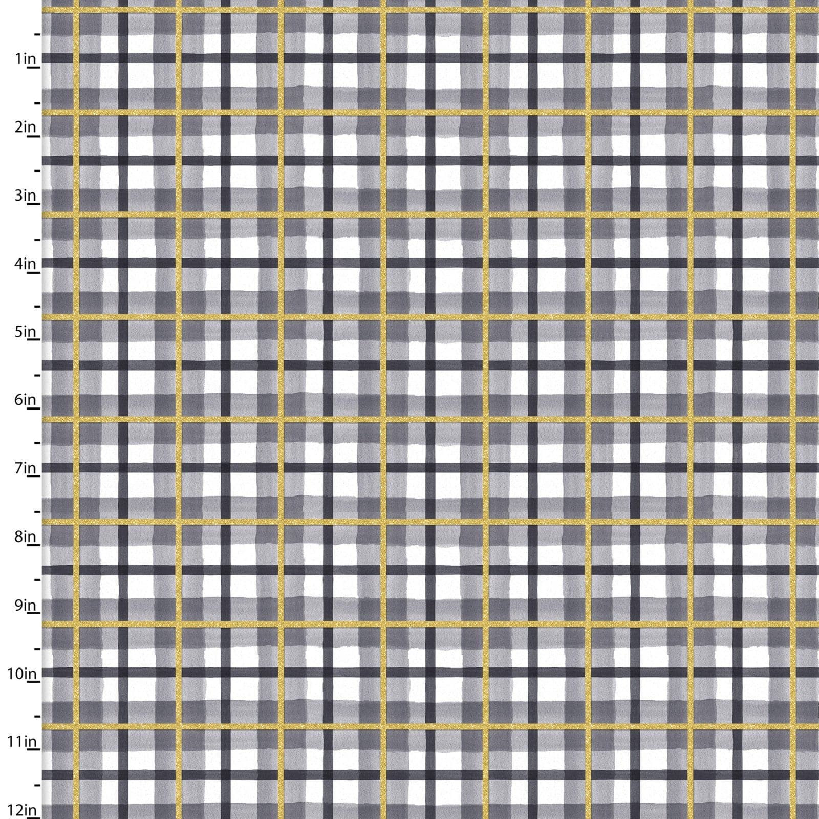 Fabric White, black and gold tartan plaid cotton fabric - 3 Wishes