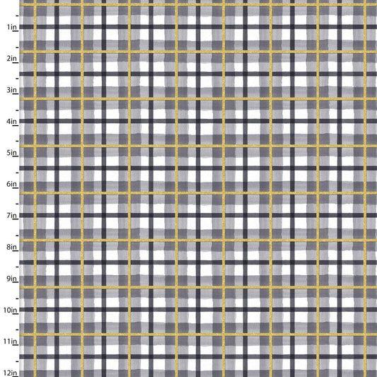 Fabric White, black and gold tartan plaid cotton fabric - 3 Wishes