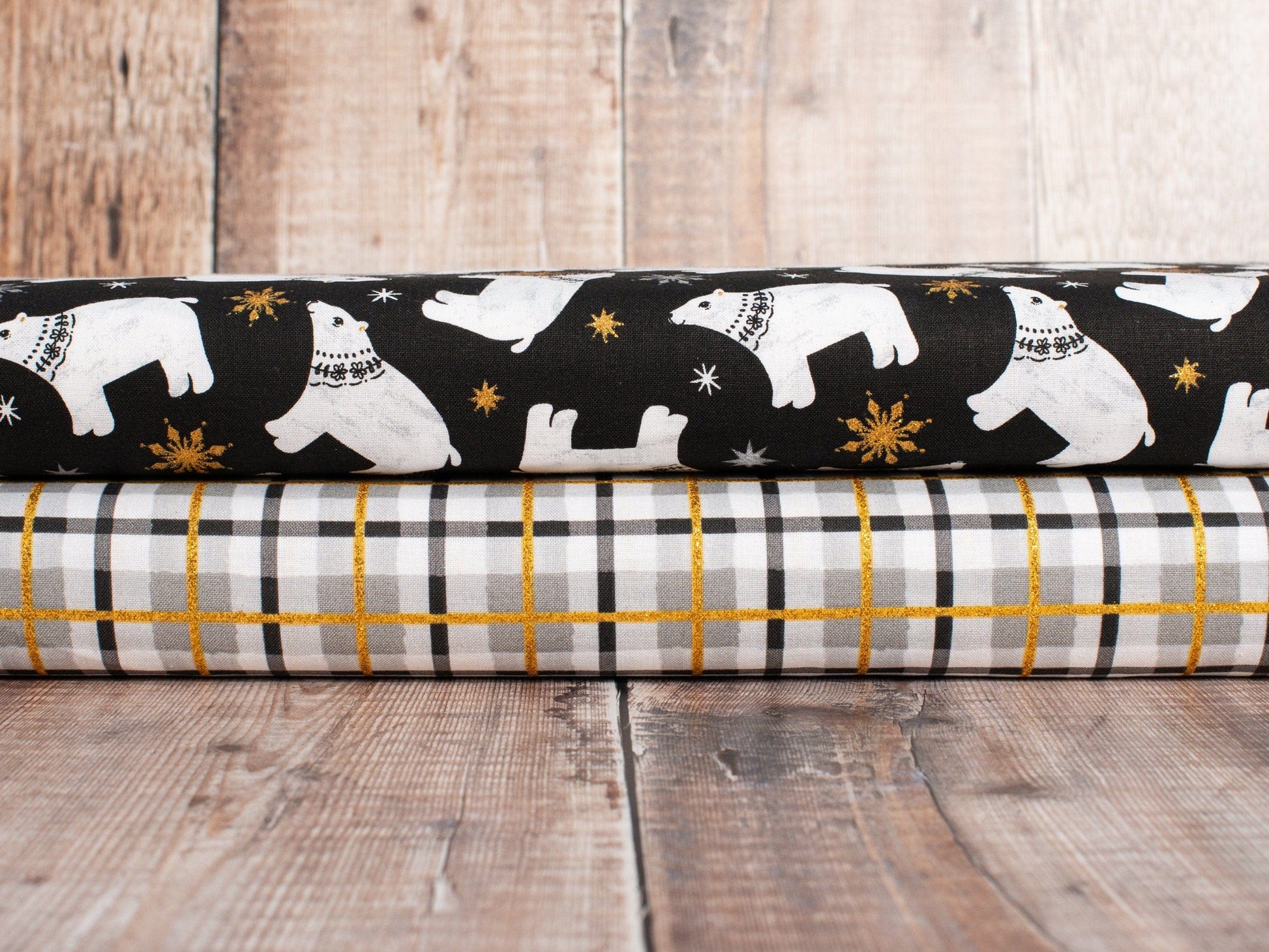 Fabric White, black and gold tartan plaid cotton fabric - 3 Wishes