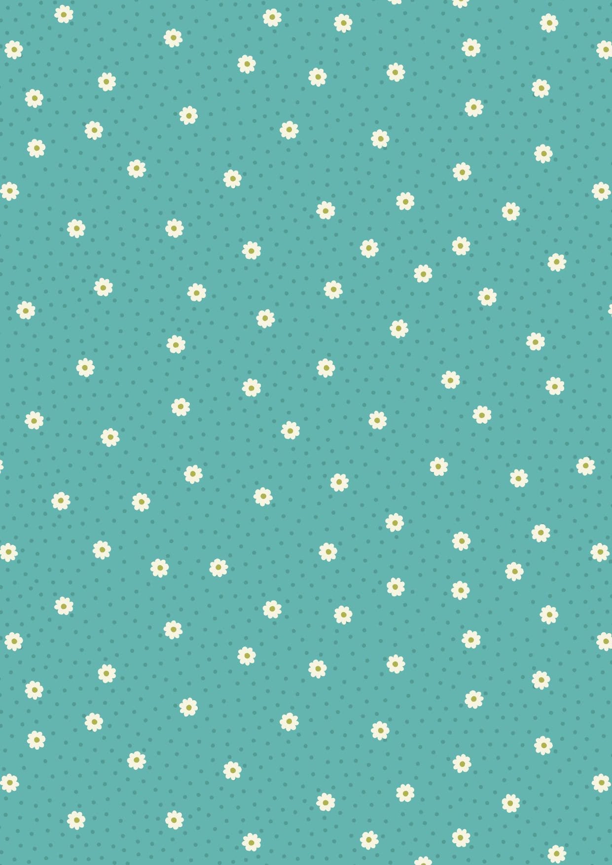 Fabric White Daisy Flowers Polka Dot on Turquoise 100% cotton fabric - Little Matryoshka by Lewis & Irene