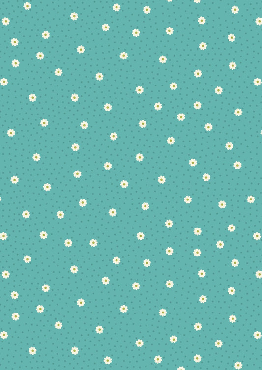 Fabric White Daisy Flowers Polka Dot on Turquoise 100% cotton fabric - Little Matryoshka by Lewis & Irene