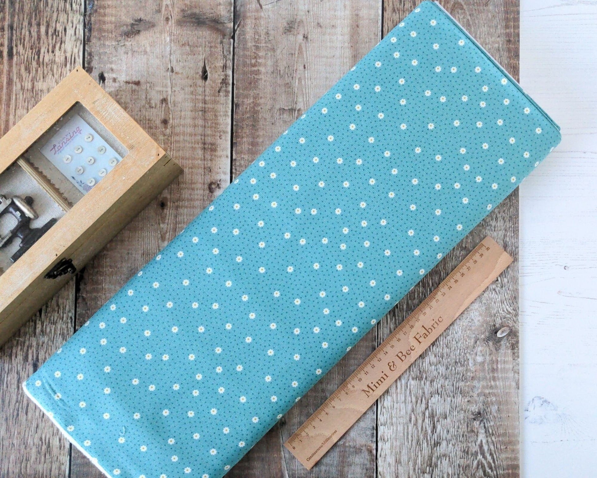 Fabric White Daisy Flowers Polka Dot on Turquoise 100% cotton fabric - Little Matryoshka by Lewis & Irene