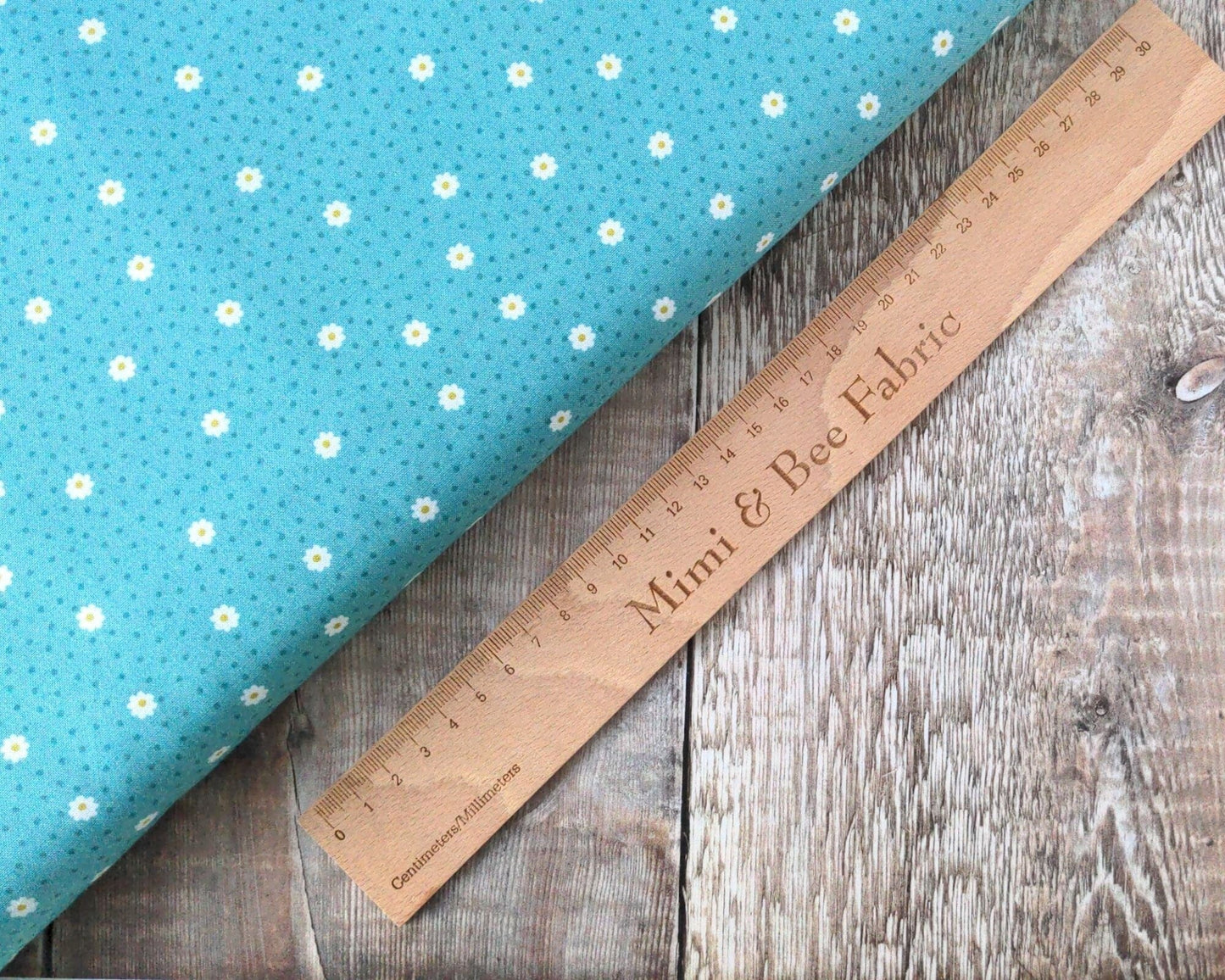 Fabric White Daisy Flowers Polka Dot on Turquoise 100% cotton fabric - Little Matryoshka by Lewis & Irene