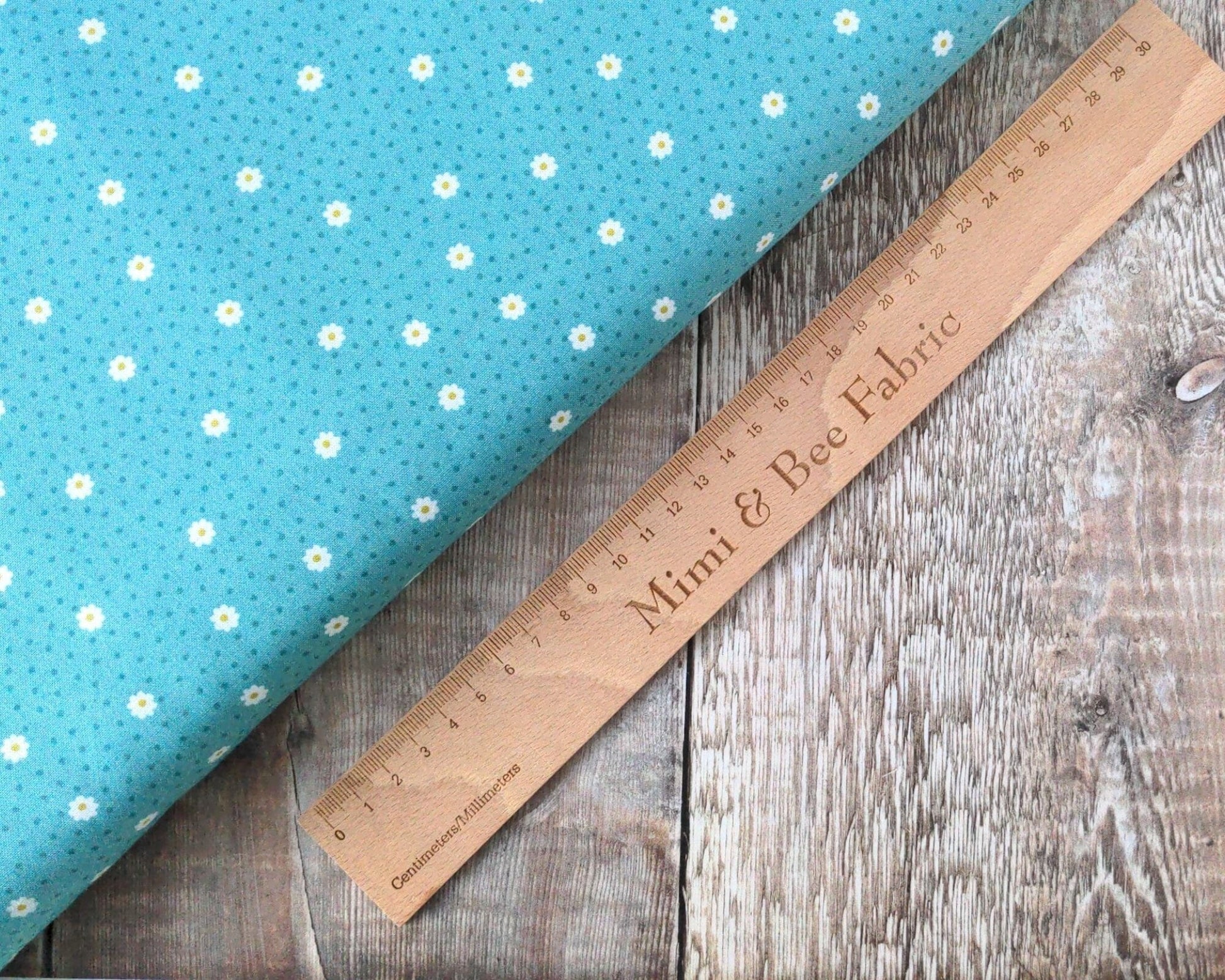 Fabric White Daisy Flowers Polka Dot on Turquoise 100% cotton fabric - Little Matryoshka by Lewis & Irene