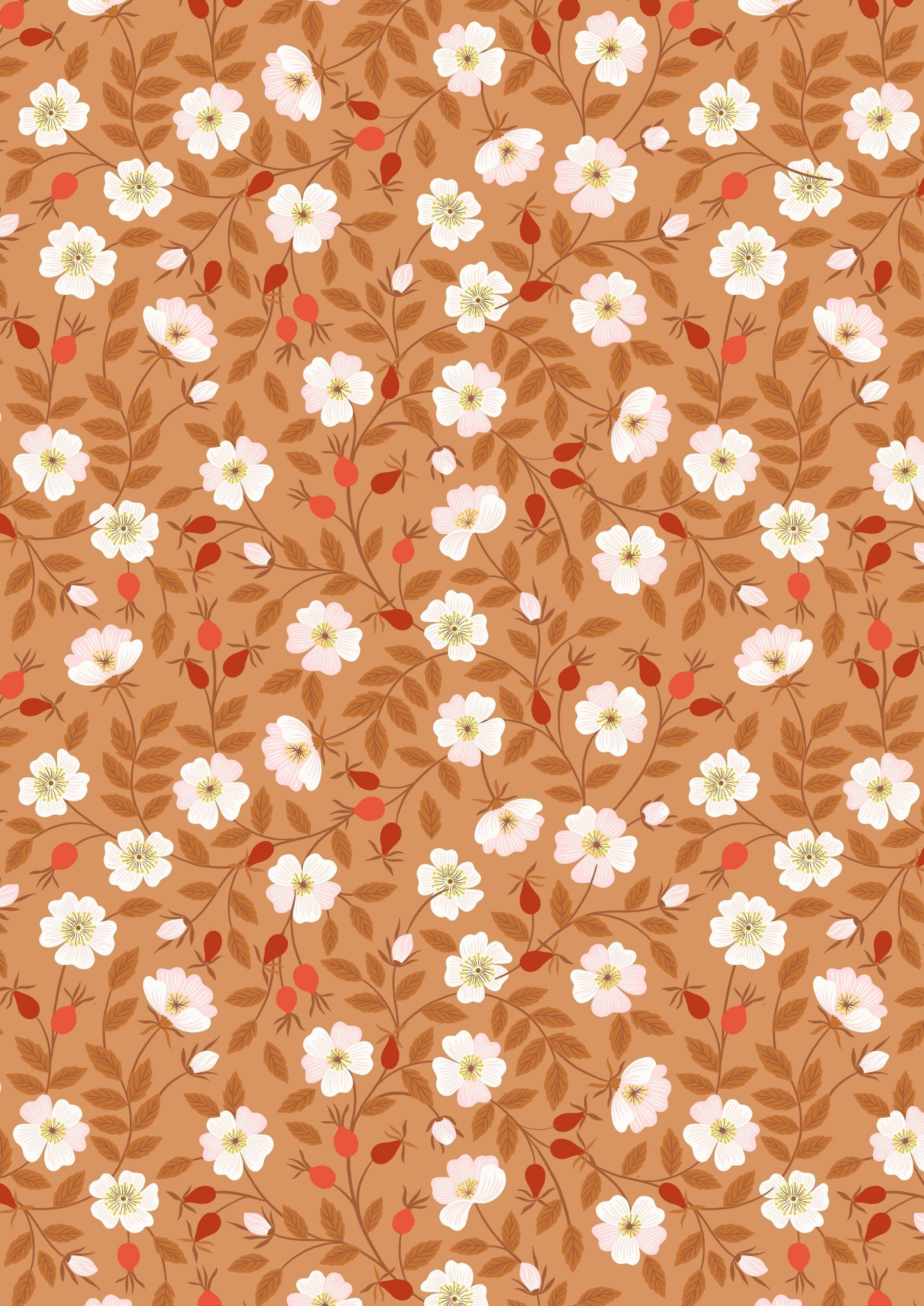 Fabric White dog roses on brown cotton - Evergreen - Lewis & Irene