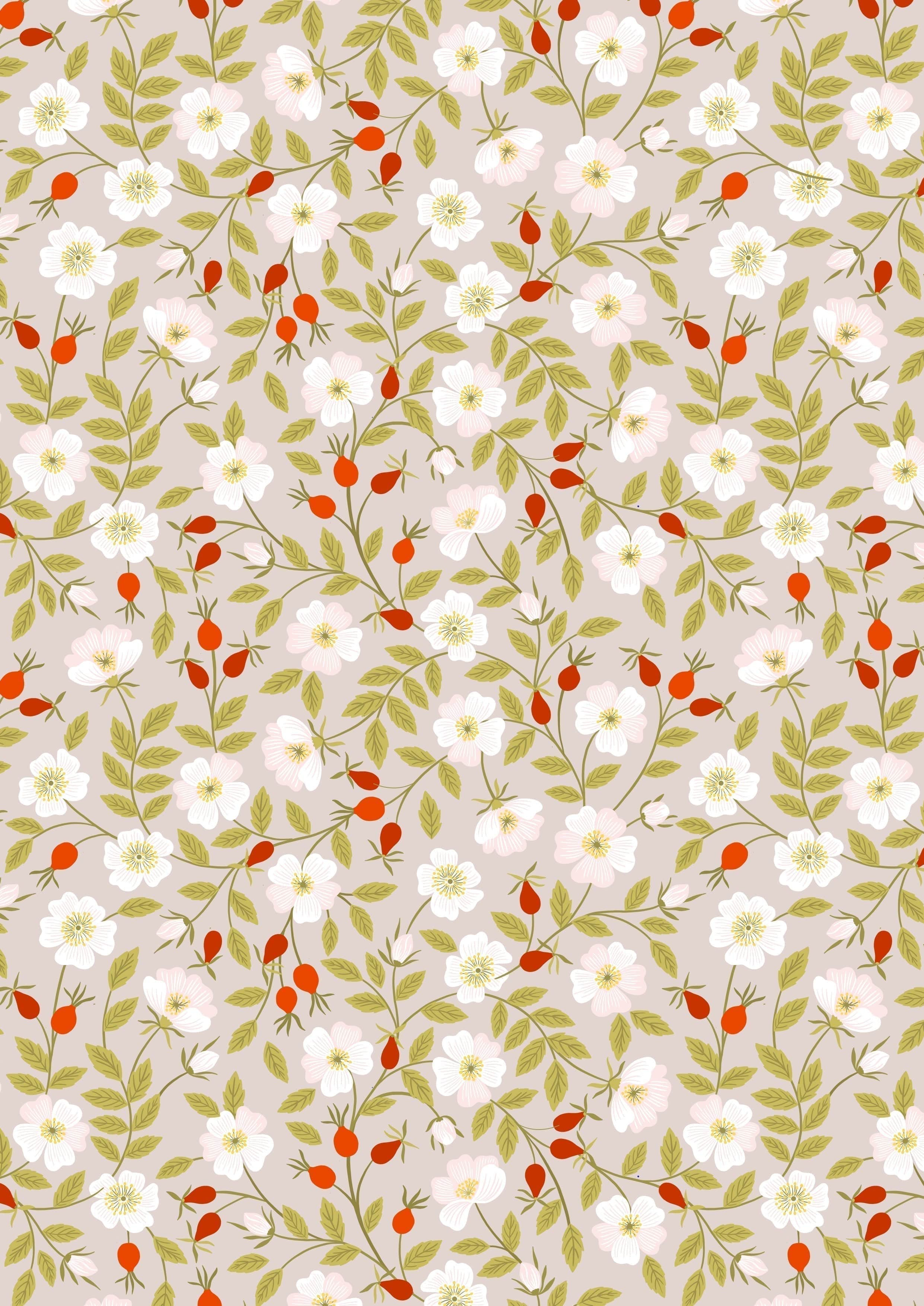 Fabric White dog roses on brown cotton - Evergreen - Lewis & Irene