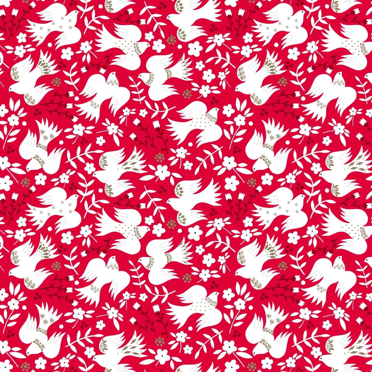Fabric White doves on red cotton fabric with metallic elements - Starlit Hollow - Dashwood Studio