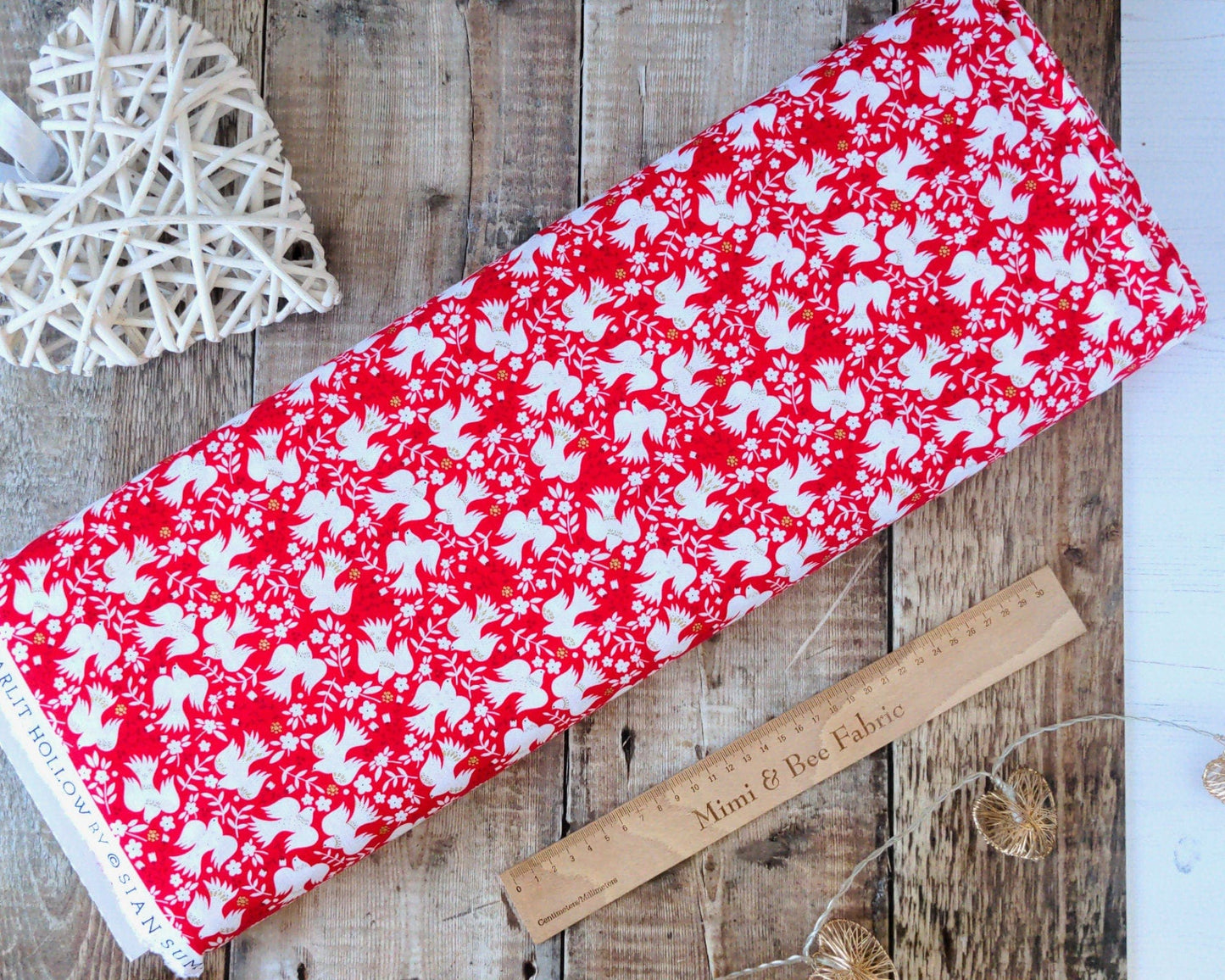 Fabric White doves on red cotton fabric with metallic elements - Starlit Hollow - Dashwood Studio