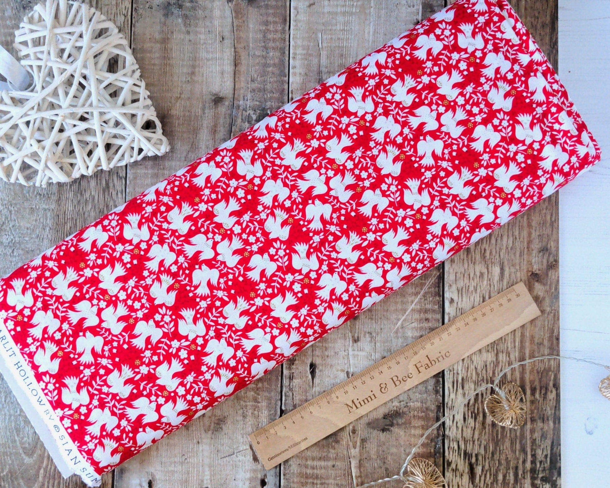 Fabric White doves on red cotton fabric with metallic elements - Starlit Hollow - Dashwood Studio