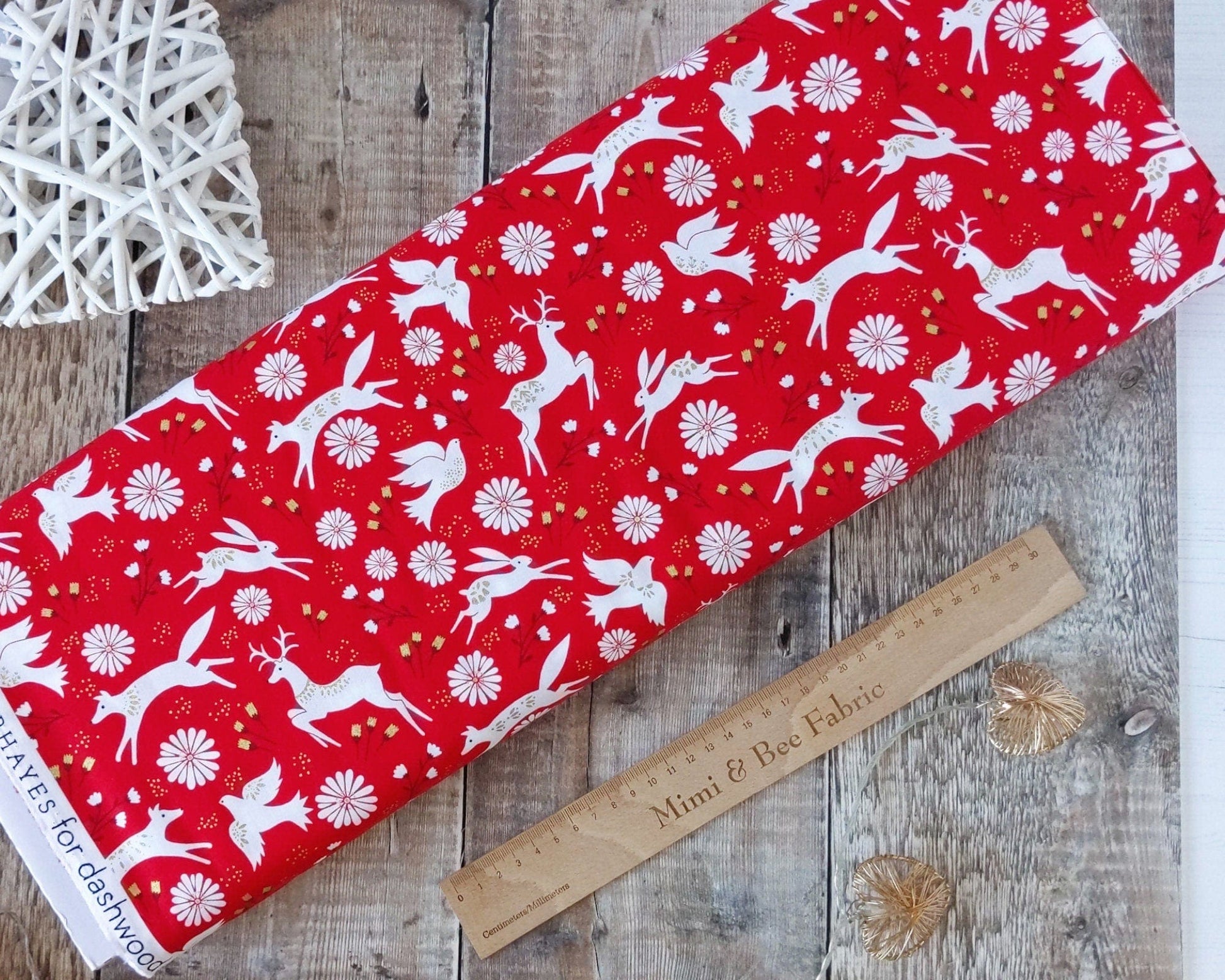 Fabric White doves on red cotton fabric with metallic elements - Starlit Hollow - Dashwood Studio