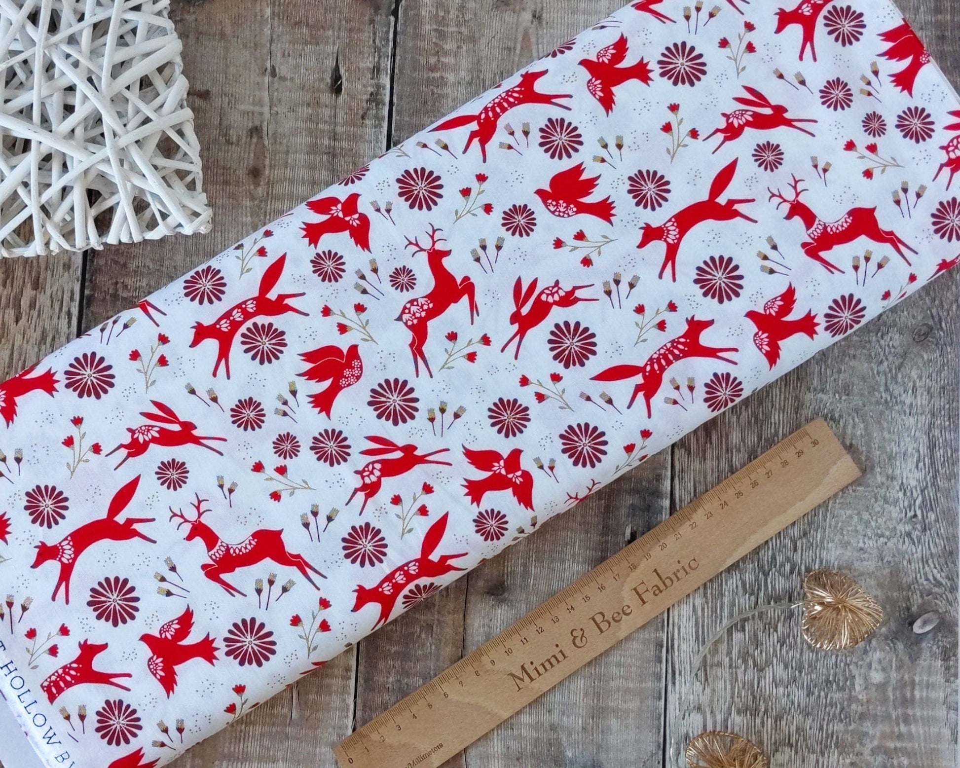Fabric White doves on red cotton fabric with metallic elements - Starlit Hollow - Dashwood Studio