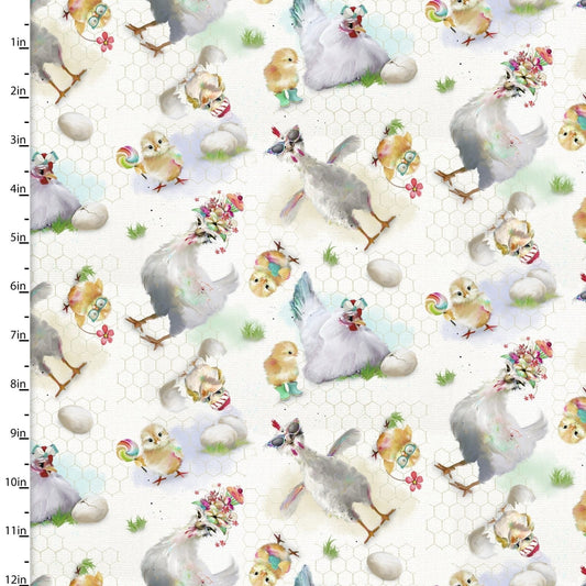 Fabric White Funny Farm Chickens Egg cotton fabric - 3 Wishes