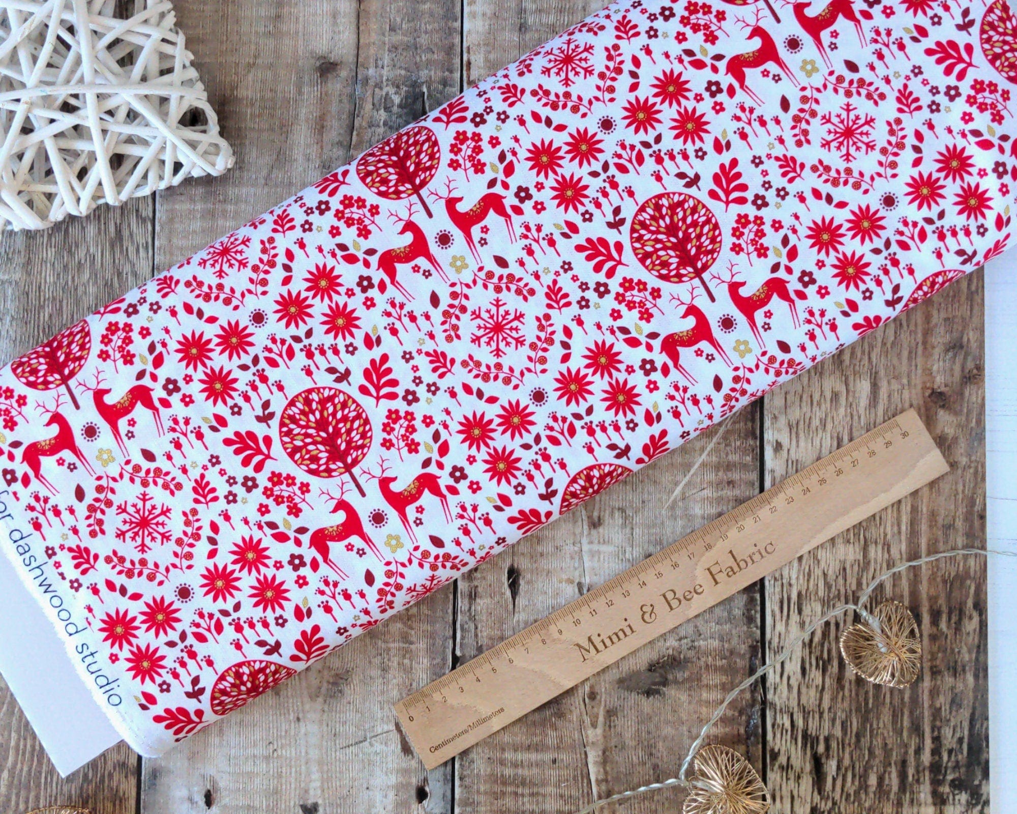 Fabric White winter vines on red cotton fabric with metallic - Starlit Hollow - Dashwood Studio