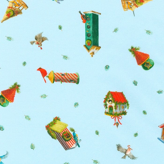 Fabric Winter bird houses on blue cotton fabric - Robert Kaufman