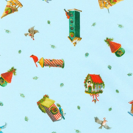 Fabric Winter bird houses on blue cotton fabric - Robert Kaufman