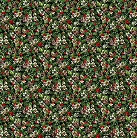 Fabric Winter green foliage red berry fabric with pine cones on 100% quilting cotton fabric - Northcott