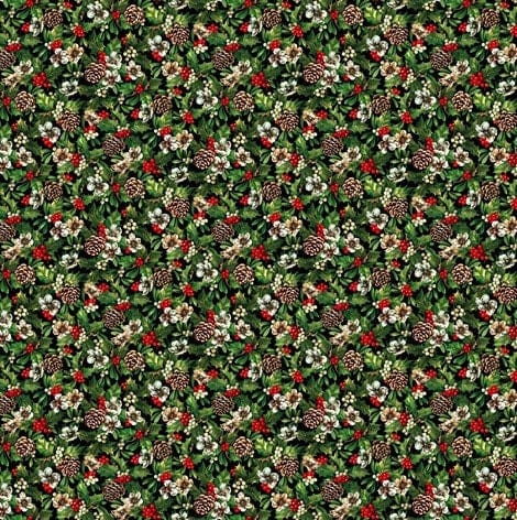 Fabric Winter green foliage red berry fabric with pine cones on 100% quilting cotton fabric - Northcott