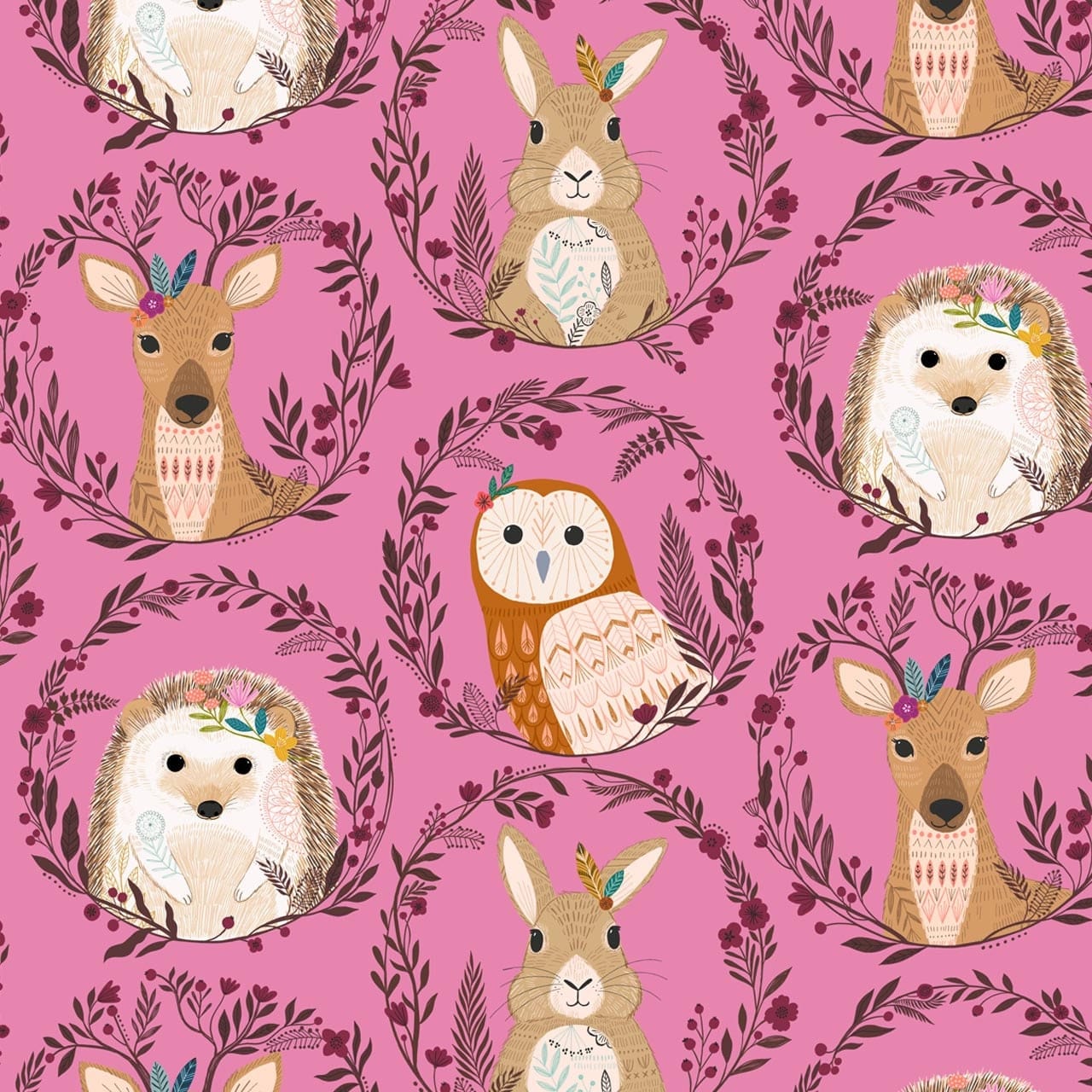 Fabric Woodland animal badges on floral pink cotton fabric - Wild by Dashwood Studio