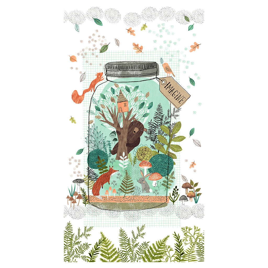 A bear, fox and a rabbit inside a jam jar. The bear is up a tree. A white cot fabric panel - Imagine by Clothworks