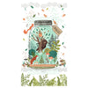 A bear, fox and a rabbit inside a jam jar. The bear is up a tree. A white cot fabric panel - Imagine by Clothworks