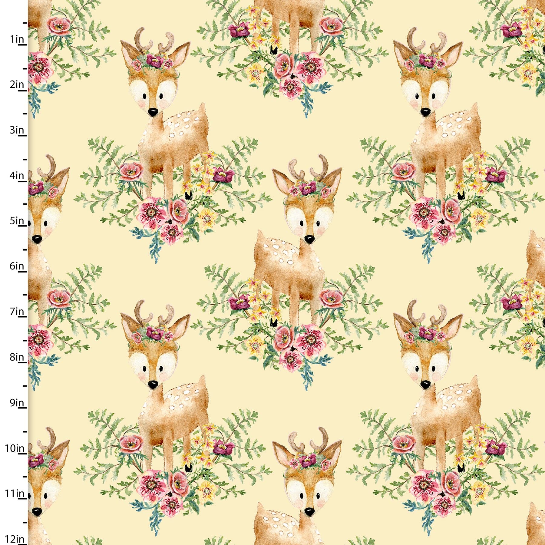 Fabric Yellow cotton fabric floral baby deer - 3 Wishes