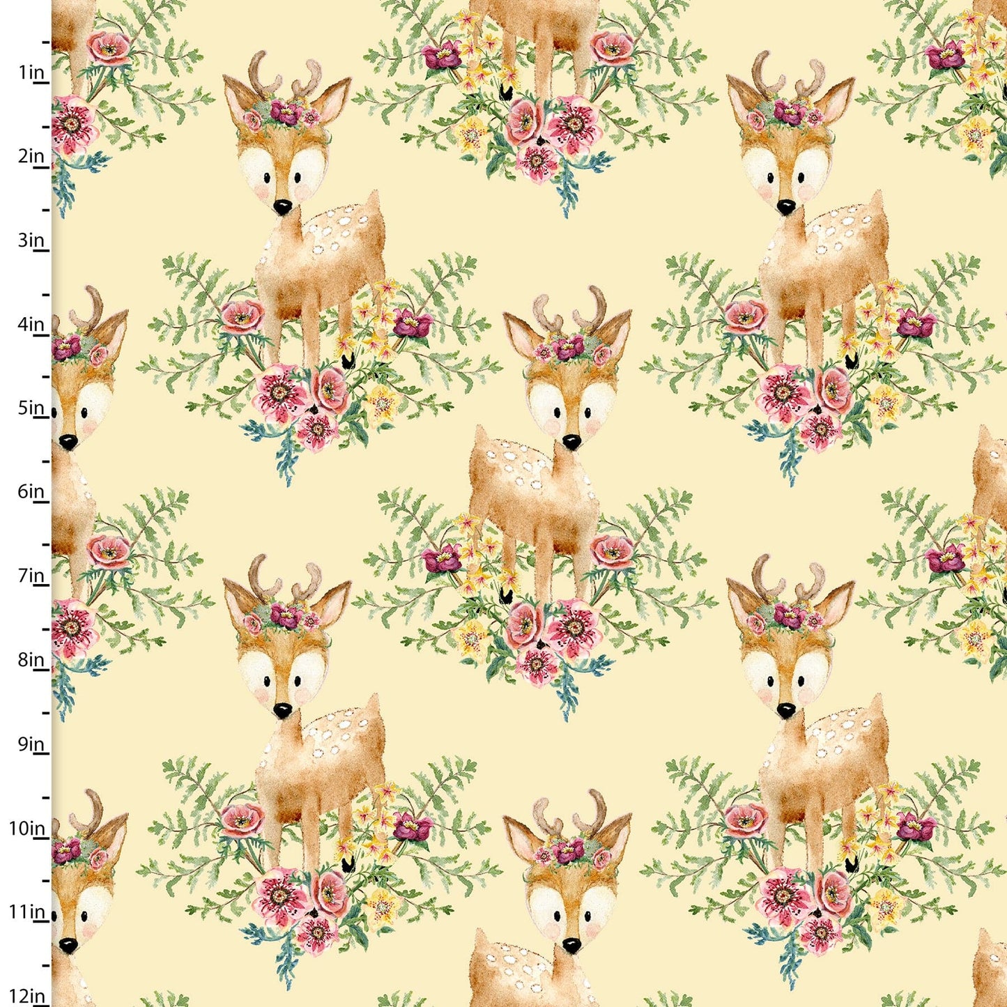Fabric Yellow cotton fabric floral baby deer - 3 Wishes
