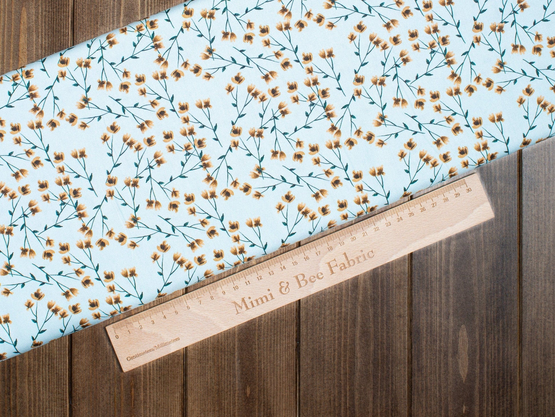 Fabric Yellow flowers on green/blue wide cotton fabric - FabricArt